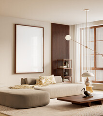 Minimal mock-up living interior with warm neutrals, soft textiles, sculptural lighting, and wooden accents arranged to create a serene, balanced, and visually refined modern space. 3D illustration