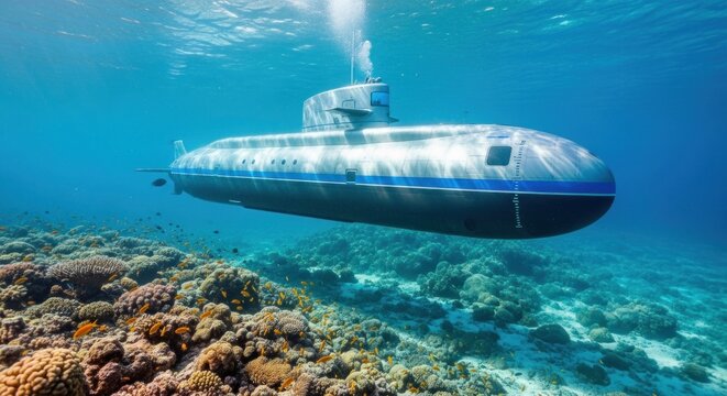 Underwater submarine navigates a vibrant coral reef teeming with fish
