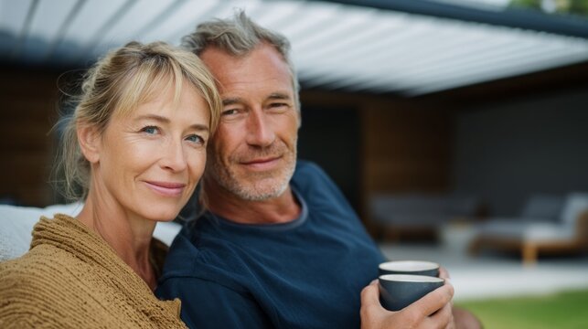 A relaxed couple sits closely together on a comfortable chair, sharing smiles and cups of coffee in a peaceful outdoor area with soft lighting - Powered by Adobe
