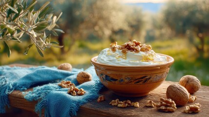 Greek yogurt with honey and walnuts served on a wooden table outdoors