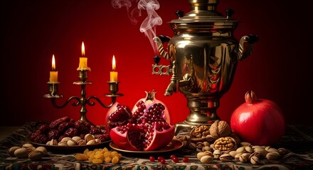 yalda night decoration background, with samavar pomegranate candle nuts Iranian traditional culture
