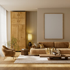 Modern minimalist living room mock-up featuring a clean poster frame, warm wood textures and soft neutral daylight for elegant interior branding. 3D illustration
