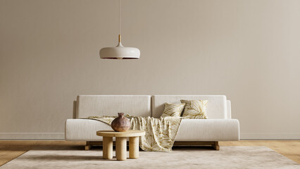 Scandinavian living room with clean negative space, warm wooden textures and soft neutral styling creating a calm modern interior flow. 3D illustration