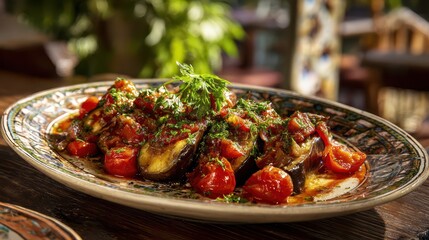 Vibrant baked eggplants with juicy tomatoes and fresh green herbs