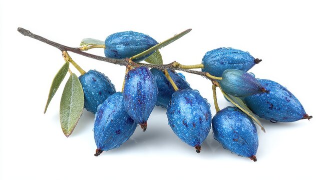 Glistening blue berries covered in water drops on a branch, isolated