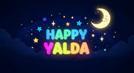 Happy Yalda colorful text on a starry night sky with moon illustration