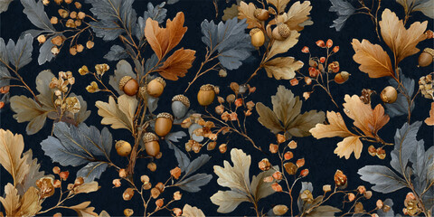 Dark autumn forest pattern with oak leaves acorns and berries in warm earthy tones