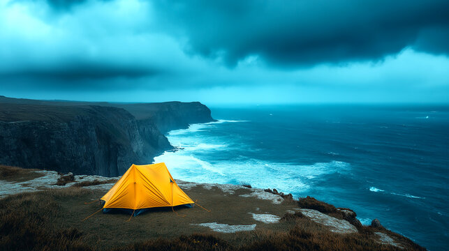 Minimalist one-person tent set on a cliff overlooking turbulent ocean waves under dramatic clouds