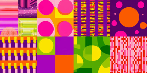Vibrant abstract geometric patterns collage featuring circles stripes and squares in bold colors