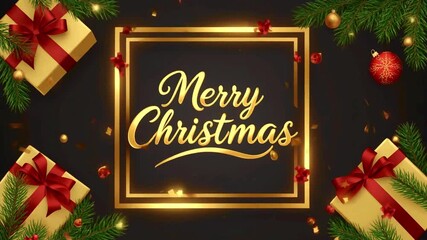 Happy merry christmas with golden square frame and gifts - Powered by Adobe