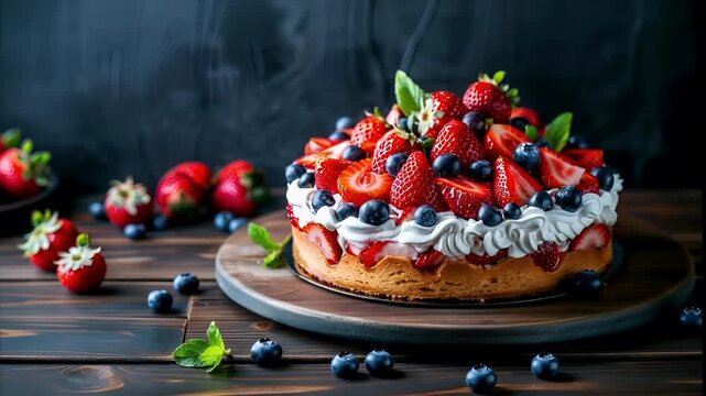 A closeup of a fruit cake with strawberries and blueberries on a wooden surface. The cake is topped with a variety of fresh berries, including strawberries, blueberries, and raspberries.