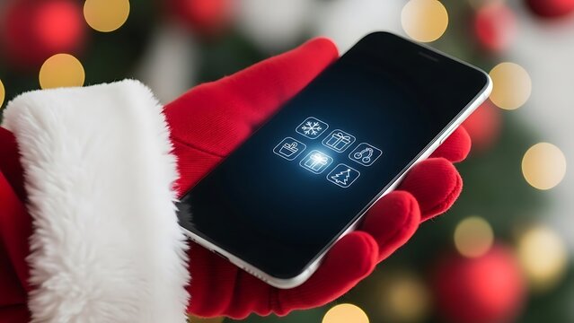 Santa's gloved hand holds a smartphone displaying christmas icons against a festive bokeh background perfect for holiday promotions and digital marketing use - Powered by Adobe