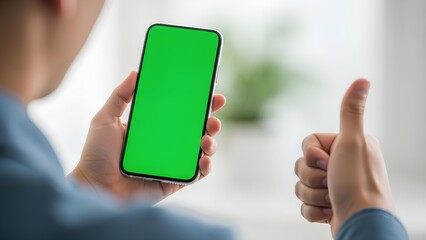 Man holding a smartphone with a green screen, giving a thumbs-up gesture for approval