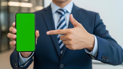 Businessman pointing to a green screen smartphone in a modern office environment