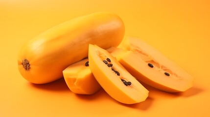 Fresh spaghetti squash slices on a vibrant orange background, perfect for healthy eating ads or autumn recipes and seasonal cooking inspirations
