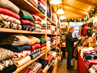 Man shopping for sweaters in cozy retail store during winter