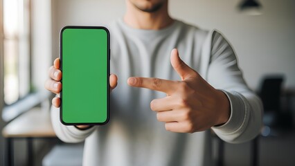 Man Holding a Smartphone with Green Screen, Pointing to the Display, Demonstrating Technology