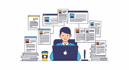 Man working at desk surrounded by documents and computer screens.