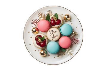 Festive macarons with new year greetings isolated on transparent background