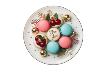 Festive macarons with new year greetings isolated on transparent background