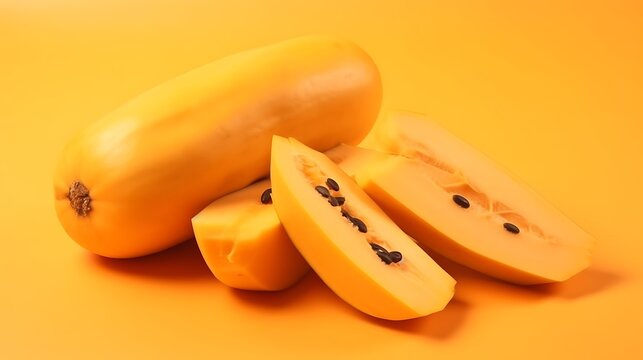 Fresh spaghetti squash slices on a vibrant orange background, perfect for healthy eating ads or autumn recipes and seasonal cooking inspirations
