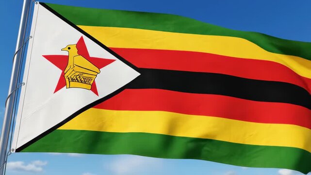 Zimbabwean flag waving in the breeze against a clear blue sky background footage showcasing