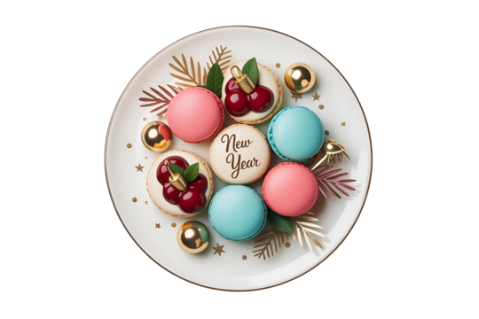 Festive macarons with new year greetings isolated on transparent background