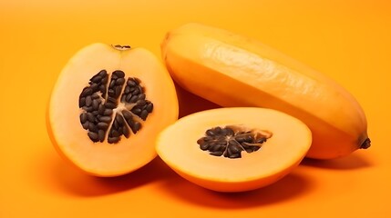 Delicious papaya halves with seeds on vibrant orange background promise tropical flavors and healthy eating, perfect for vibrant summer ads