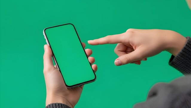 Hand holding a smartphone with green screen against a solid green background, close-up - Powered by Adobe