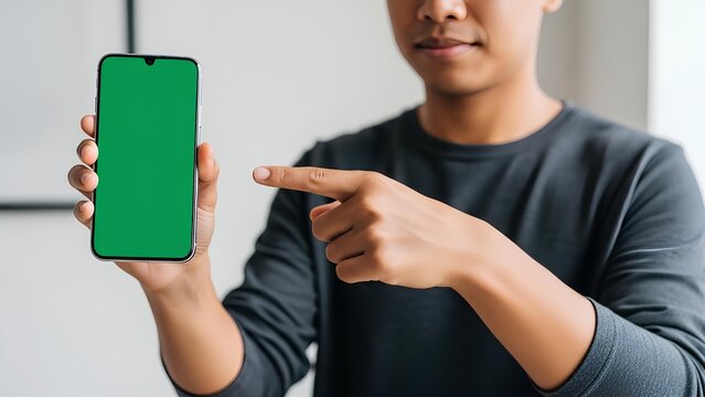 Close-up of a person holding a smartphone with a green screen, pointing to it