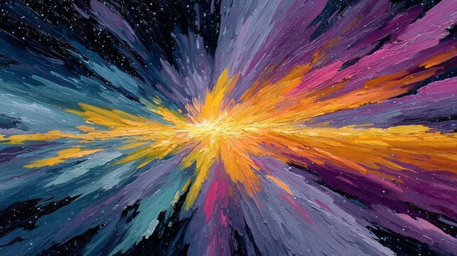 Vibrant, textured paint streaks radiate outward from a bright central explosion against a dark, starry backdrop - Powered by Adobe