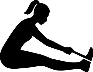 Silhouette of a female stretching hamstrings with a resistance band. Fitness, workout, flexibility, gym, training