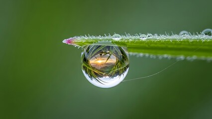 Sunrise reflected in a water droplet hanging from a blade of grass creating a serene and captivating nature scene with vibrant green background