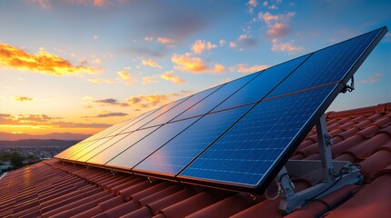 Photograph of solar panels on a red-tiled roof during sunset, with a clear blue sky and scattered clouds