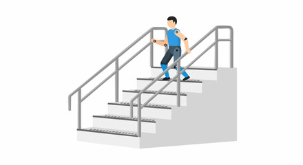 Man descending stairs with handrails, illustration of safety and accessibility.