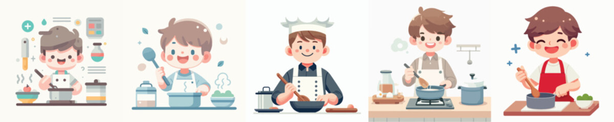 Cute Handsome Boy Cooking Vector Illustration