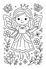 Children’s fairy princess coloring page featuring a cute fairy princess with wings, dress and magical garden elements like flowers and butterflies.