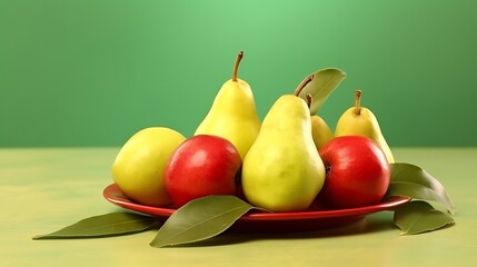Fresh, ripe apples and pears arranged beautifully on a red plate ready to eat, perfect for healthy eating and vibrant living concepts