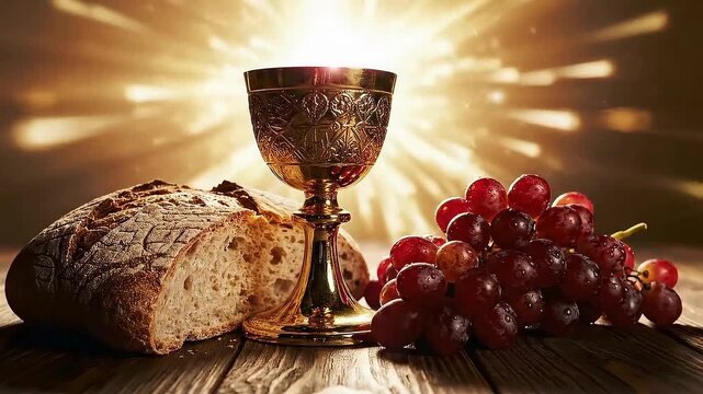 Golden chalice and grapes with fresh bread on a rustic wooden table in bright light, Eucharist scene