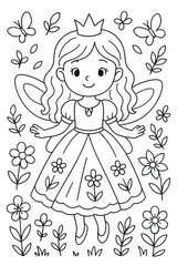 Children’s fairy princess coloring page featuring a cute fairy princess with wings, dress and magical garden elements like flowers and butterflies.