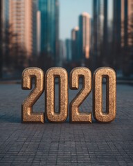 A stylized "2020" sculpture stands prominently on a city street, surrounded by modern skyscrapers, capturing a blend of urban life and art.