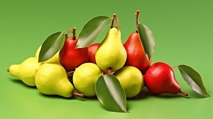 Vibrant display of fresh pears in red and yellow colors with green leaves, creating a healthy and delicious fruit concept for your next project