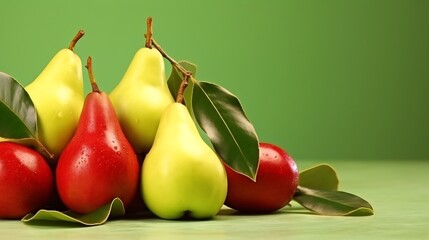 Fresh pears and apples on vibrant green background, a perfect healthy snack for summer, beautiful, natural, and delicious fruit arrangement