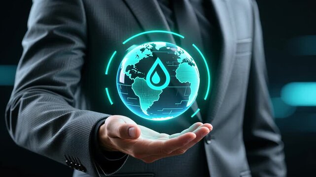 A businessman holding a glowing earth holograph with a water droplet icon, symbolizing energy and water nexus and sustainable development planning