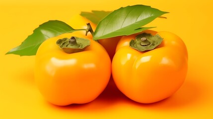 Vibrant persimmons with lush leaves, a healthy and delicious treat, perfect for autumn recipes and vibrant food photography projects, stunning against yellow