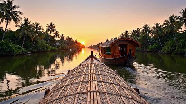 Serene Sunrise Over Tropical Backwaters With Traditional Houseboats Palm Trees Lining Lush Green Banks Warm Golden Hour Light Reflecting on Calm Water