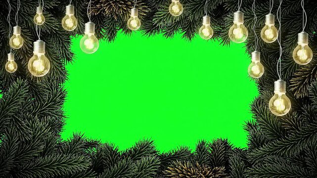 Festive Green Screen Frame with Twinkling Lights and Pine Branches