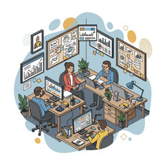 Team collaborating in a modern office environment analyzing data.