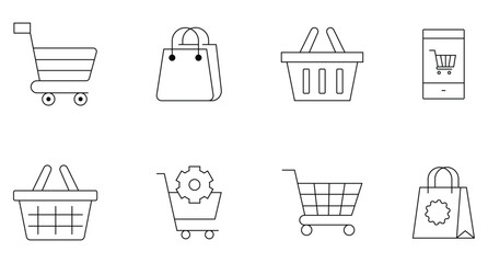 Collation of shopping cart icons set. Trolley symbol. Shopping cart line and flat icon. Shopping basket icon set. Vector illustration.
