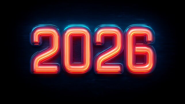 Bright neon numbers "2026" glowing against a dark background, symbolizing the future or an upcoming event. - Powered by Adobe
